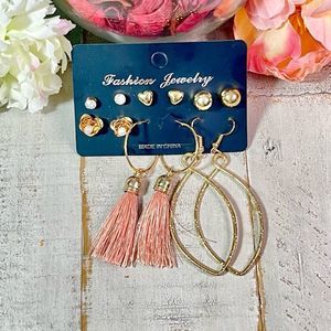 New Fashion Earrings 6 Pack Gold & Pink Post & Stud / Hoop Earring Set